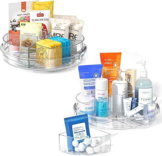 LAMU 2 Pack Lazy Susan Turntable Organizer for Cabinet with 4 Removable Bins 10.6'' Rotating Condiment Snack Organizer Storage for Kitchen Pantry, Fridge, Bathroom, Medicine Cabinet Organizer