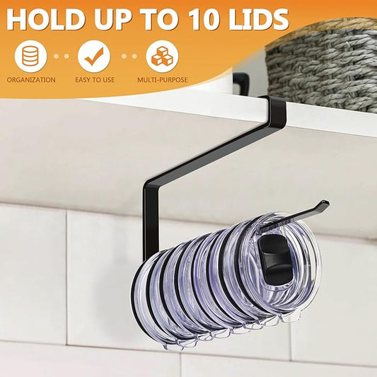 Tumbler Lid Organizer Under Cabinet, Tumbler Lid Storage Hook Up to 10 Lids, Cup Lid Holders Space Saving Tumbler Lid Hanger for Kitchen Storage, Horizontal Paper Towel Hanger (Black)