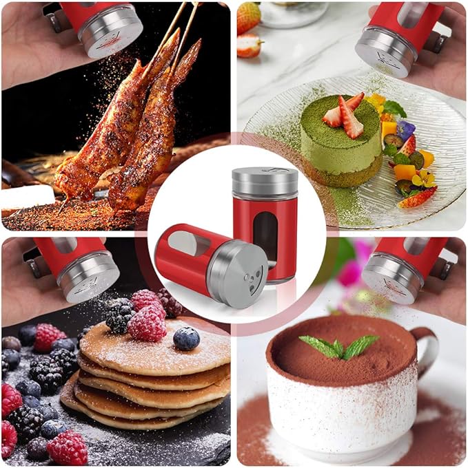 Accmor 2pcs Salt and Pepper Shakers,Stainless Steel Shaker for Salt Powder Sugar Cinnamon Pepper, Spice Dispenser with Adjustable Pour Holes,Red