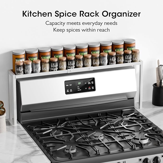 Bumusty Spice Rack Shelf for Kitchen Stove, 32" Stove Top Shelf, Stove Shelf for Back of Stove, Over the Stove Shelf, Kitchen Organizers, Oven Shelf for Top of Stove, White