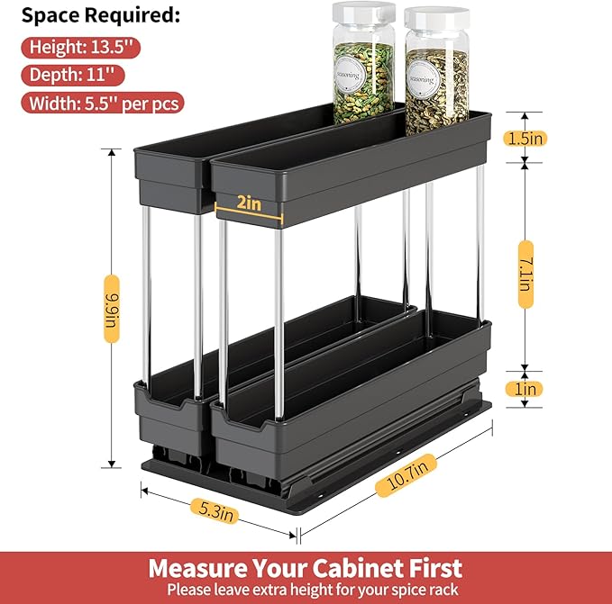 2 Pack Pull Out Spice Rack Organizer for Cabinet, Slide Out Seasoning Kitchen Organizer, Heavy Duty Spice Cabinet Organizers with Labels for Kitchen Pantry, 5.3" W x10.7 D x10 H, 4 Drawers, 2-Tier
