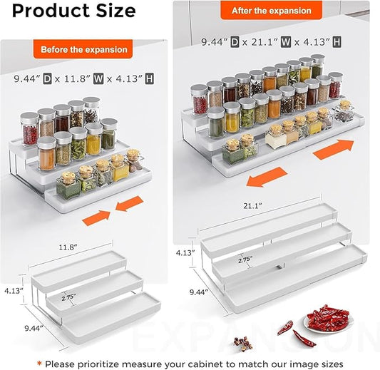 Expandable Spice Rack Organizer for Cabinet - 3 Tier Adjustable Cabinet Spice Organizer Easy Visibility - Spice Organizer for Cabinet Countertop Cupboard Pantry Organization (White)