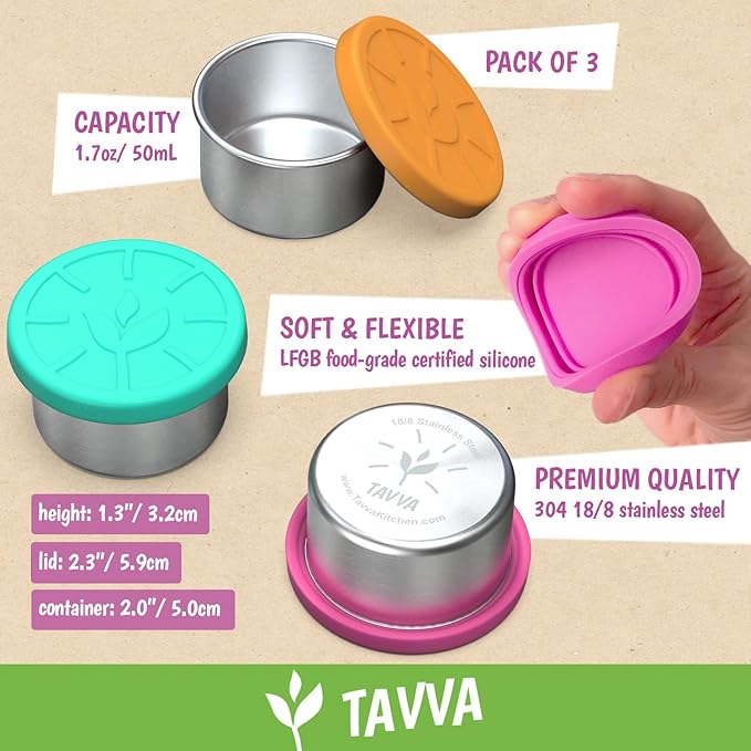 3 X 1.7oz Condiment Containers with Lids - Leakproof w/Silicone Lids - BPA Free - Dishwasher & Freezer Safe - Reusable Salad Dressing Container To Go - Sauce & Dip Cup for Lunchbox, Meal Prep
