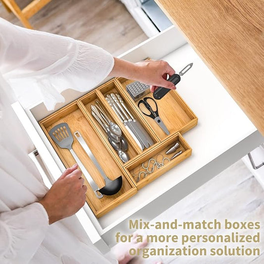 Bamboo Drawer Organizer Storage Box Kitchen - Wood Stackable Tray Set of 2 (12x3x2 inch）