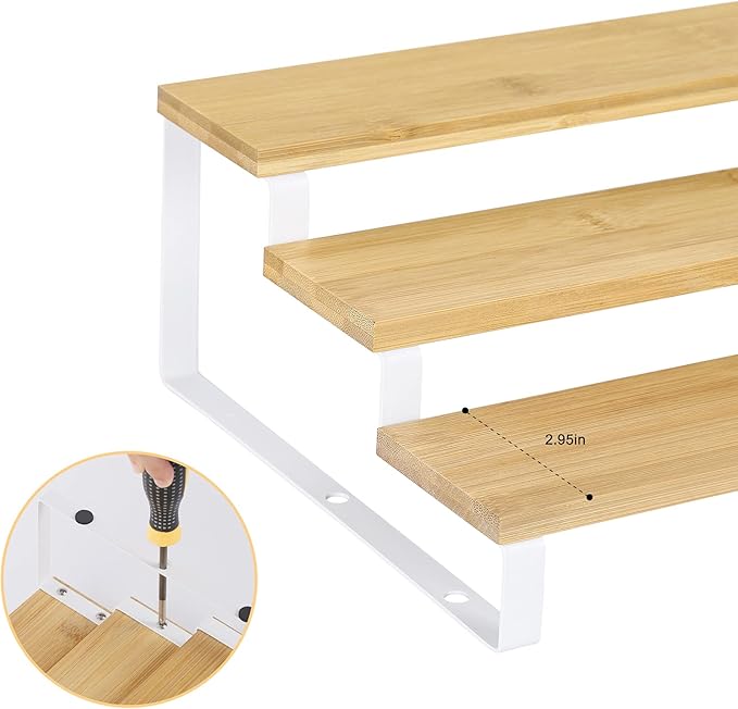 MOOACE 3 Tier Spice Rack Organizer for Cabinet, Expandable Spice Rack Seasoning Shelf Organizer for Kitchen Cabinet Countertop, Set of 4, White and Natural