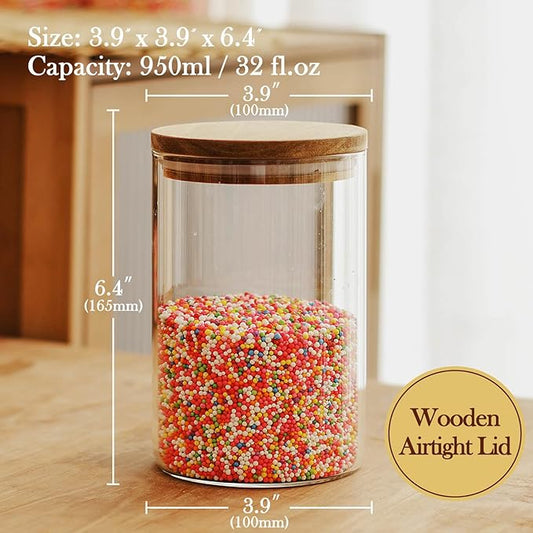 Labina Glass Storage Container Airtight Food Jars Kitchen Canister with Wood Lids, 32 Oz Wide Mouth Pantry Organization Glass Jar for Flour, Sugar, Cookie, Spagetti, Candy and Nuts
