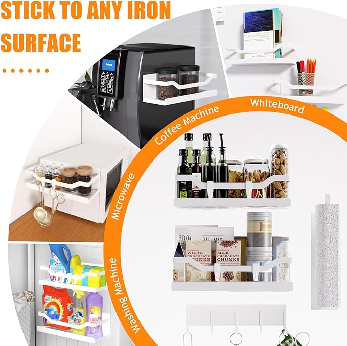 Magnetic Spice Rack for Refrigerator, 4 Pack Heavy Duty Metal Strong Magnetic Fridge Shelf with Magnet Paper Towel Holder, Hook Rack, Whiteboard, Space Saving, White