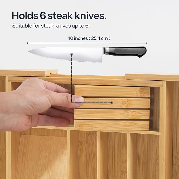 HOOBRO Silverware Organizer Kitchen Drawer Organizer, Expandable Utensil Drawer Organizer, with 2 Knife Block, Bamboo Cutlery Tray with Divider for Flatware and Kitchen Utensils, Natural YL06TL01
