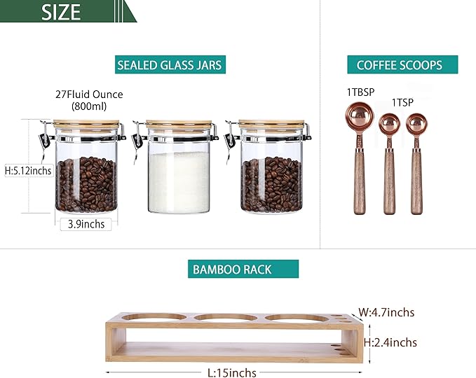 KKC HOME ACCENTS Air Tight Glass Coffee Sugar Tea Storage Containers set 3 with Clamp Lid and Spoons,Airtight Sealed Glass Jars Canisters with Scoops for Ground Coffee or Bean,Loose Tea,Sugar,27 Fl oz