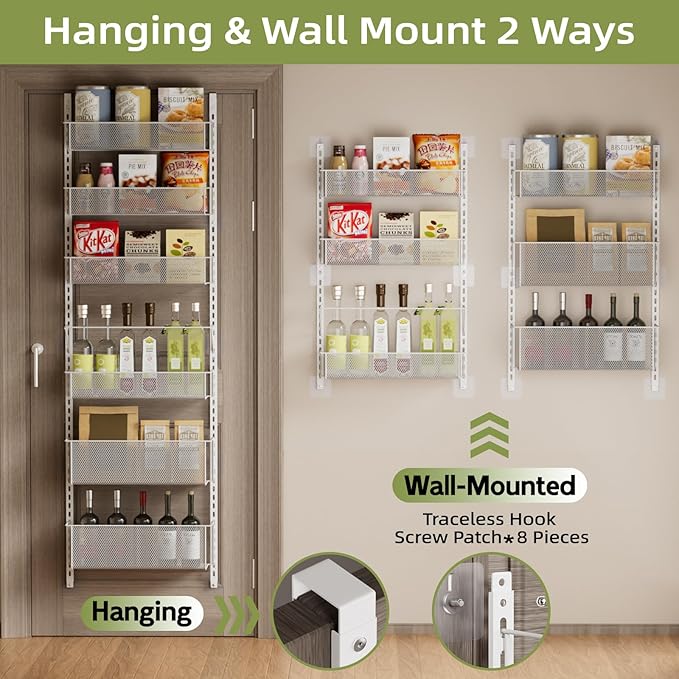 Over The Door Pantry Organizer, 6-Tier Pantry Door Organizer Shelves, Metal Hanging & Wall Mount Spice Rack Organizer, Pantry Door Organization for Pantry Kitchen Storage Room Spice Rack