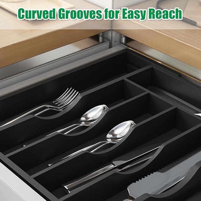 BAMBUROBA Bamboo Kitchen Drawer Organizer,Expandable Silverware Organizer,Utensil Holder and Cutlery Tray with 7 Slots,Gadgets Storage Divider,Black