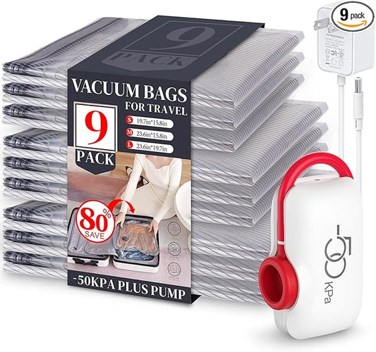 VMstr 9 Pack Vacuum Storage Bags for Travel, Carry-on Size Space Saver Bags for Luggage Clothes and Clothing Compression Packing, High Pressure Electric Pump(D/C Power)