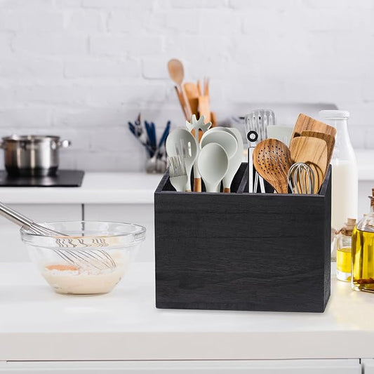 Wooden Kitchen Utensil Caddy With 2 Compartments, Rustic Utensil Holder for Kitchen Countertop, Wood Utensil Crock Organizer Box for Farmhouse Kitchen Decor (black)