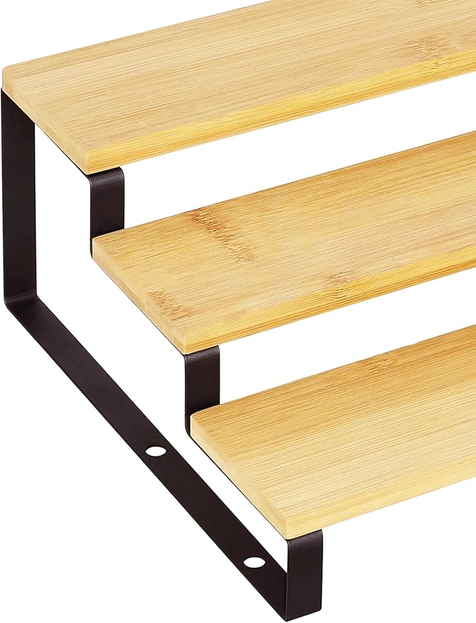 RoyalHouse Bamboo and Metal Expandable Spice Rack Organizer, Cabinet Shelf Organizers, 3-Tier Adjustable Kitchen Cabinet, Countertop Display Shelf, Space Organizer for Kitchen and Bathroom