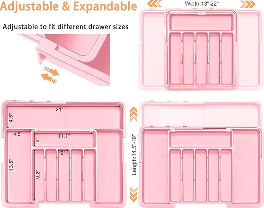 Silverware Organizer Expandable Kitchen Utensil Drawer Organizer Large BPA Free Adjustable Cutlery Silverware Tray for Spoons Forks Knives Storage Divider for Kitchen Flatware 6-9 Slots Pink