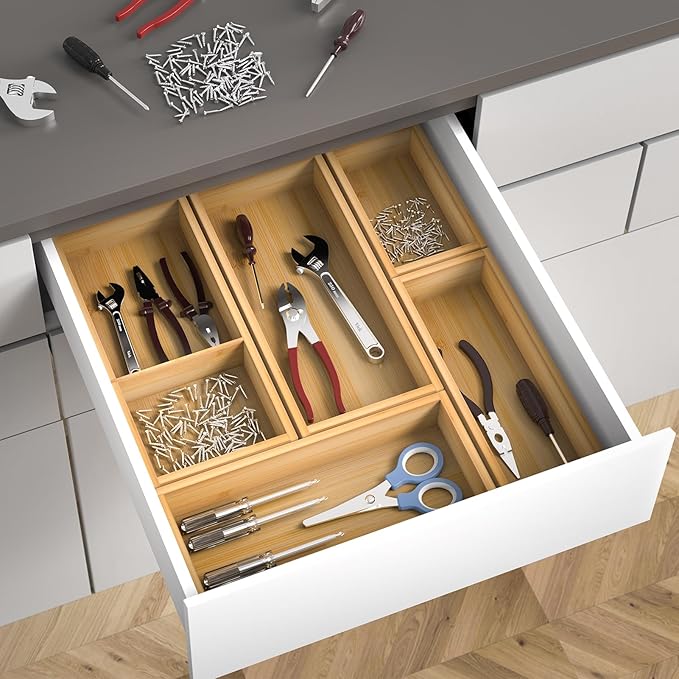 Bamboo Drawer Organizer Boxes Set, 5-Piece Multi-use Drawer Dividers Storage Trays for Kitchen Utensils, Makeup Jewelry, Office Supplies