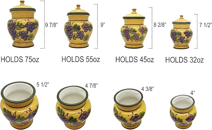 Tuscany Grape Hand Painted Ceramic 4PCs Canister Set with Lid, Kitchen Storage Jar, Food Storage Container, Airtight Storage Container With Rubber Seal
