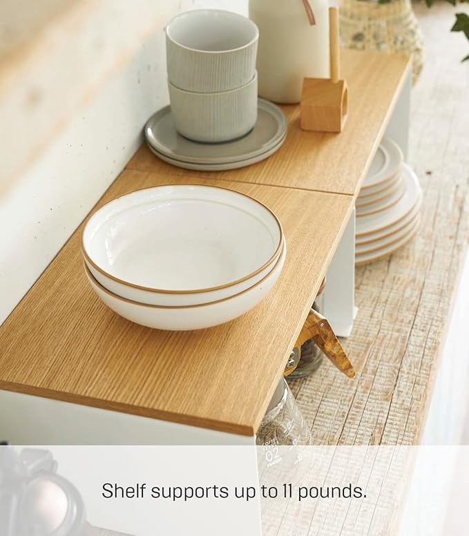 Yamazaki Home Wood-Top Stackable Kitchen Rack - Modern Counter Shelf Organizer Steel + WoodLargeWhite