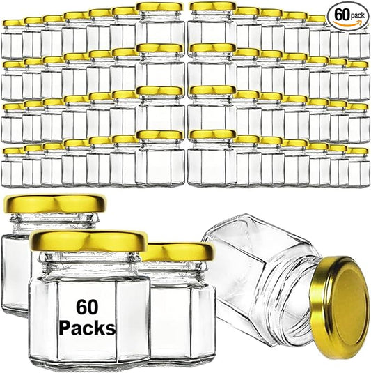 60 Pcs Small Glass Containers with Airtight Lids, 1.5 oz Mini Honey Jars for Wedding Favor, Baby Shower, Small Hexagon Candle Jars for Making Candles, Body Butter, Jam, Spices, Herbs, DIY Gift