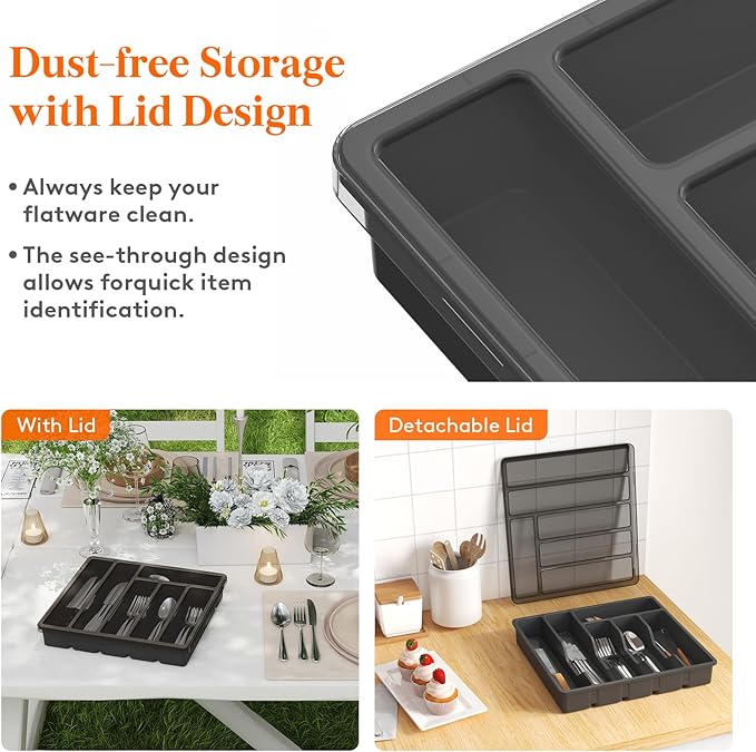 Lifewit Silverware Organizer with Lid, Covered Utensil Tray for Kitchen Drawer and Countertop, Plastic Cutlery and Flatware Storage Box for Spoons Forks Knives Holder, 6 Compartments, 2 Pack, Black