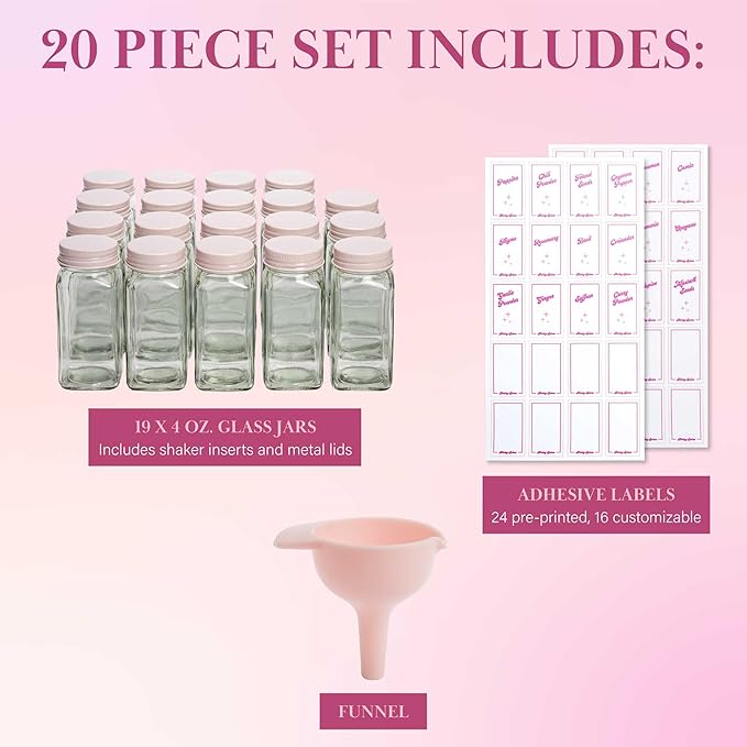 Paris Hilton Glass Spice Jar Storage Set, 4-Ounce Empty Spice Jars with Labels, Shaker Caps and Metal Lids, Collapsible Funnel Included, 20-Piece, Pink (Pack of 2)