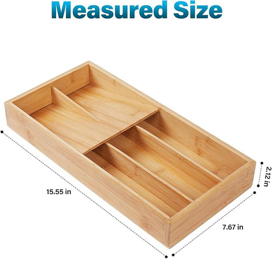 Bamboo Silverware Drawer Organizer, Kitchen Utensil Tray Holder Organizer, Drawer Storage Organization for Flatware, Cutlery, Spoon, Forks and Knives 5 Slots