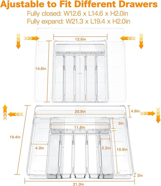 Silverware Drawer Organizer, Expandable Utensil Tray for Kitchen, Clear Plastic Cutlery Flatware Holder, Adjustable Storage Divider for Cooking Tools Forks Knives Spoons, 9 Slot