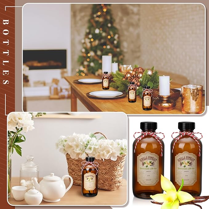 Uiifan 12 Pack Amber Glass Bottle Boston Round Bottles with Caps Brown Vanilla Extract Jars and 12 Pcs Vanilla Extract Stickers for Syrup Gift Glass Jar Food Storage Canister Set Sauce Beans(8 oz)