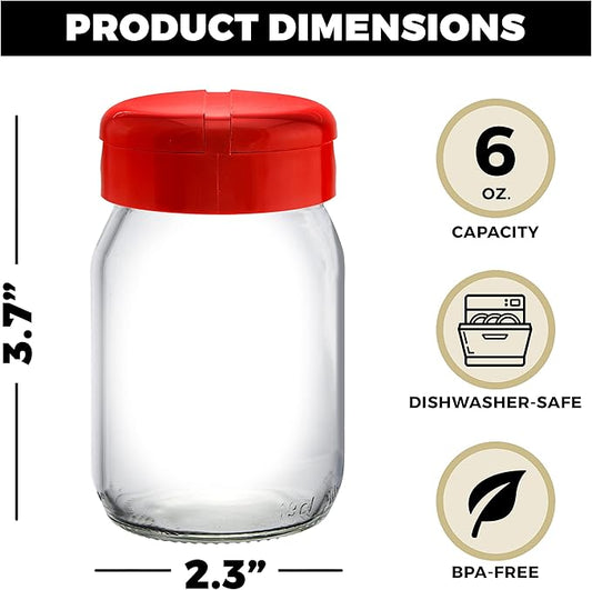 Spice Shaker Jar For Salt And Pepper/Parmesan Cheese/Seasoning Shaker, With Dual Flap Lid Perforated And Pouring Top - 6 Oz Glass Seasoning Shaker - Set of 2- Red