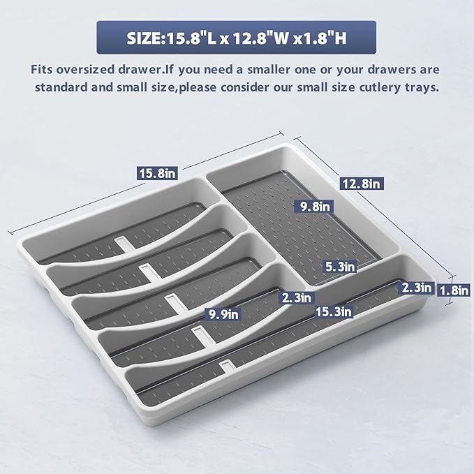 Silverware Organizer with Cutlery Icons，Silverware Tray for Kitchen Drawer，Plastic Flatware Tableware Cultery Drawer Organizer Utensil Organizer with Non-slip TPR Linings，6-Compartment
