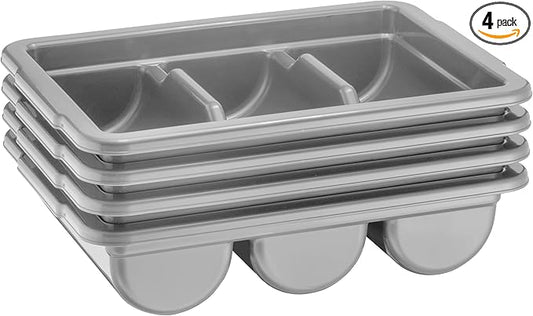 4 Pack - Commercial Cutlery Bin, 3-Compartment Restaurant Kitchen Flatware Tray, Silverware Storage Plastic Container, Condiments Holder, Utensil Organizer Box (Gray)