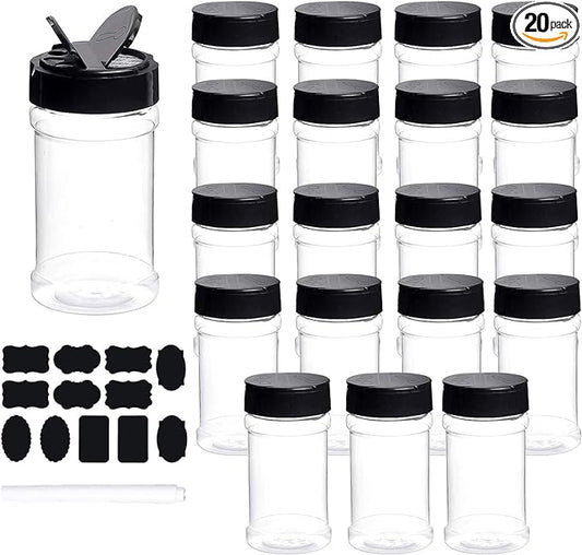 Spice Bottles, Dabacc 20Pcs 7oz Clear Plastic Container Jars with Lids Labels for Kitchen Storing Spice Powders Dry Goods Peanut Butter BPA free