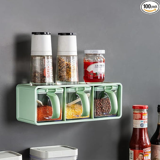 3-Grids Seasoning Box with Tray, Salt Container, Hanging Wall Spice Rack, Kitchen Spice Pot with Spoon, Salt Pepper Sugar Storage Container Jar Cruet for Counter, Green
