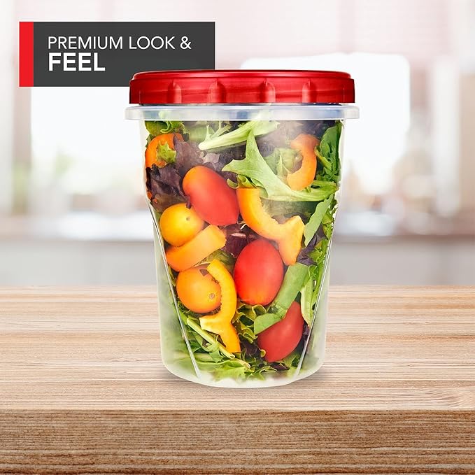 32oz Plastic Containers with Red Twist Top Lids (6 Pack) – Quart Freezer Containers for Leftovers, Airtight Reusable Soup Storage, Microwave & Dishwasher Safe