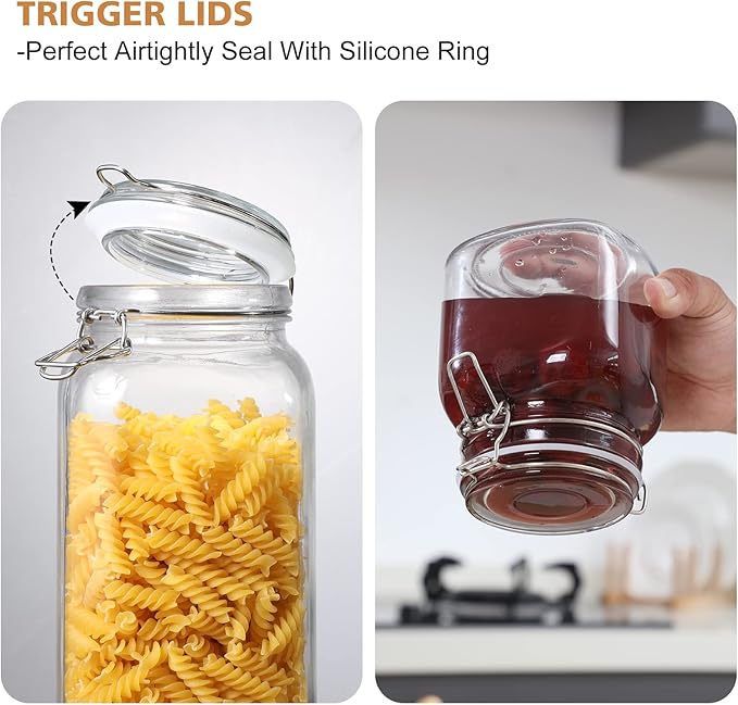 VITEVER [ Taller ] Glass Jars with Airtight Lid, 92oz/34oz Large Glass Food Storage Jars, 4 Pack Wide Mouth for Kitchen Pantry Spaghetti, Square Mason Jars with Labels