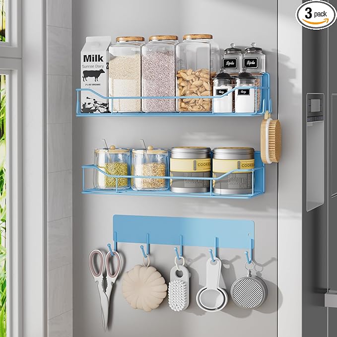 Magnetic Spice Rack for Refrigerator, 3 Pack Metal Magnet Spice Organizer Shelf with Hook Rack, Magnetic Fridge Shelves for Kitchen Organization and Storage, Seasoning Organizer Gadgets (Blue)
