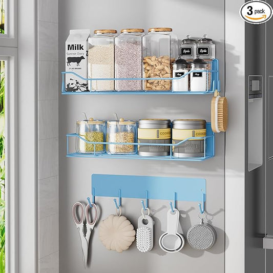 Magnetic Spice Rack for Refrigerator, 3 Pack Metal Magnet Spice Organizer Shelf with Hook Rack, Magnetic Fridge Shelves for Kitchen Organization and Storage, Seasoning Organizer Gadgets (Blue)