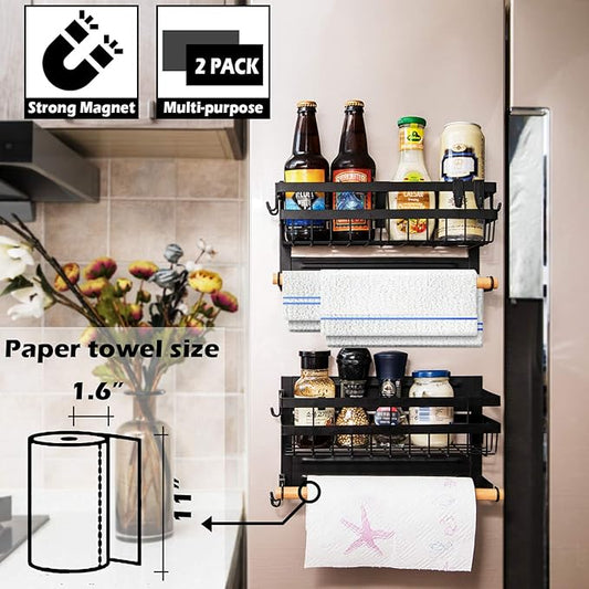 Sleclean Magnetic Spice Rack Organizer for Refrigerator, 2 Pack, Magnetic Paper Towel Holder, Kitchen Magnetic Shelf,11.8"x4.5"x6.3",Black