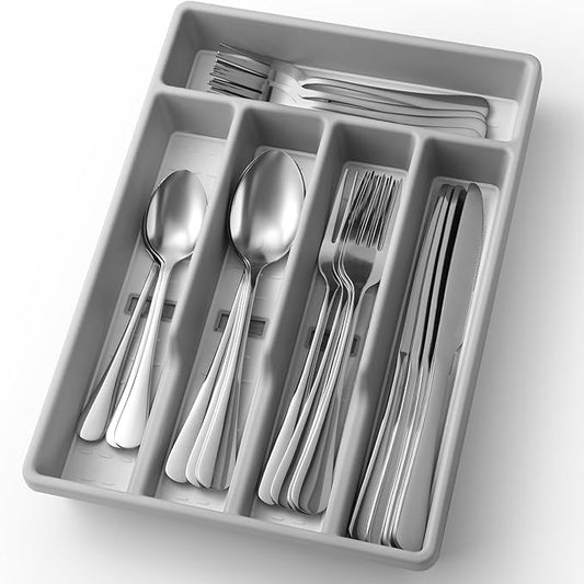 20-Piece Silverware Set with Organizer，Heavy Duty Stainless Steel Flatware Cutlery Tableware Set for 4，Includes 5-Compartment Silverware Tray with Cutlery Icons，First Apartment Kitchen Essentials