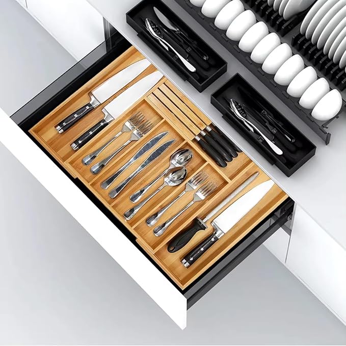 Bamboo Silverware Cutlery Drawer Organizer with Knife Blocks -Expandable Drawer Organizer with Dividers for Kitchen Utensil & Flatware Organizer (7 Slots)