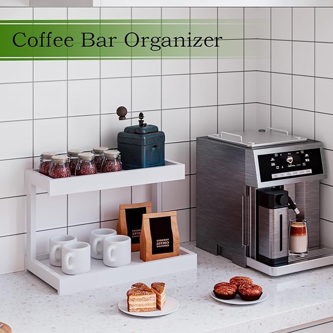 MARTY 2 Tier Spice Rack Organizer for Countertop, 15.8''L White Coffee Station/Bathroom Organizer Countertop, Counter Shelf Desktop Storage Organizer for Kitchen, Bedroom, Office