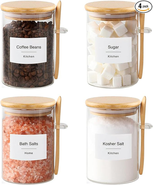 Sugar Jar Bath Salt Container – 17 oz Glass Jar with Bamboo Lid and Spoon, Sugar Cube Holder and Canister for Countertop, Glass Containers for Coffee Beans, Tea and Overnight Oats (4 Pack)