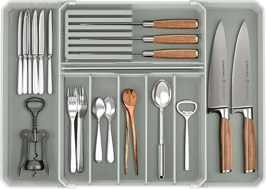 Silverware Drawer Organizer, Expandable Kitchen Utensil Organizer, Larger Capacity Flatware and Cutlery Tray, Multi-Purpose Drawer Storage for Kitchen, Dressing Table, Office, Bathroom, (Grey)