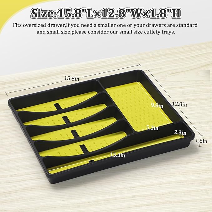 Silverware Organizer with Cutlery Icons，Silverware Tray for Kitchen Drawer，Plastic Flatware Tableware Cultery Drawer Organizer Utensil Organizer with Non-slip TPR Linings，6-Compartment，Yellow