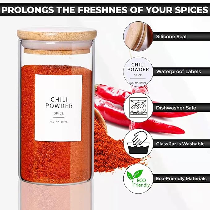 12 Pcs Glass Spice Jars With Bamboo Airtight Lids 8oz Thicken(2.4mm) Spice Containers With 148 Minimalist Preprinted Waterproof Spice Labels Kitchen Empty Small Storage Jars For Seasoning, Herb
