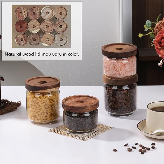WHJY 15oz Glass Storage Containers with Wooden Lids Airtight Food Canister for Tea Sugar Dry Goods Clear Coffee Jars for Kitchen Pantry