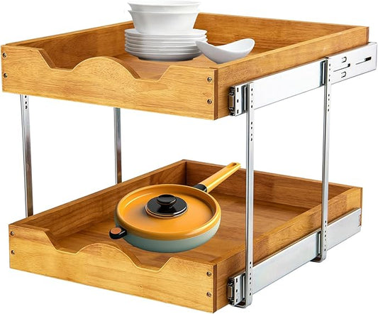DINDON 2 Tier Wood Pull Out Cabinet Organizer (17" W x 18" D) Heavy-Duty Metal Sliding Drawer Shelf, Two Tier Pull Out Shelves for Kitchen Cabinets, Pantry, Bathroom…