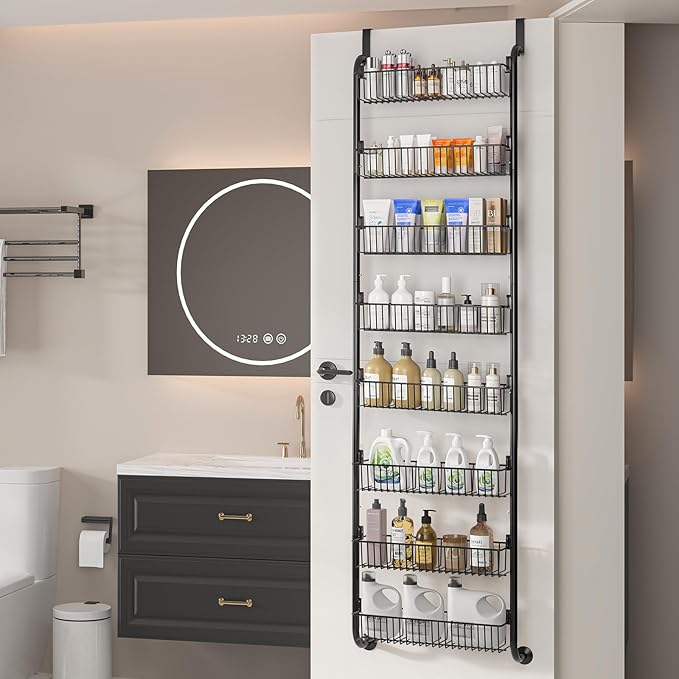 Over the Door Pantry Organizers and Storage, 8-Tier Spice Rack, Home & Kitchen Storage Shelves for Cabinet, Large Capacity Hanging Seasoning Organizer, Laundry Room Organization, Black