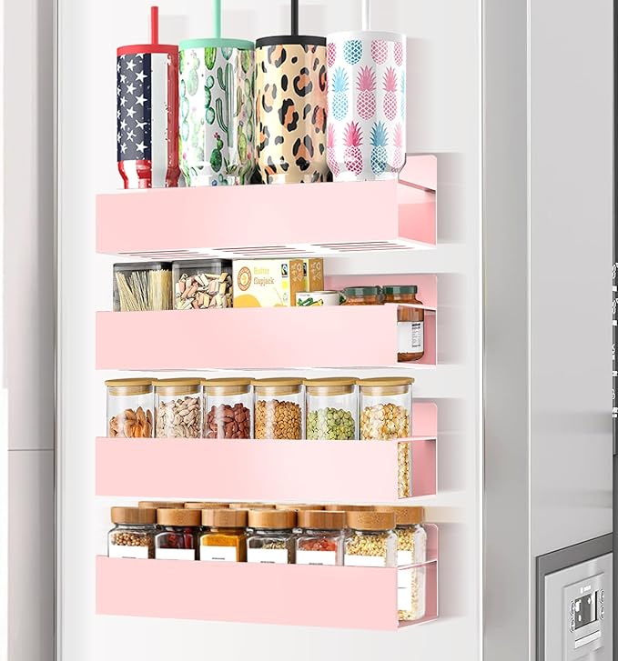 Magnetic Spice Rack Organizer for Fridge Seasoning Organizer for Kitchen storage with Screw or Adhesive Hanging,Magnetic Shelf with Hook for Refrigerator and Oven (Pink, 4pack)