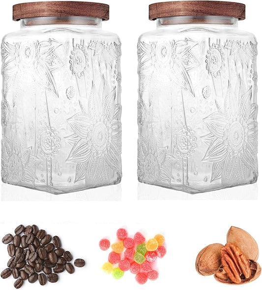Glass Storage Jars With Airtight Lid, 35oz Container For Kitchen Counter with Wood Lid, brown sugar, candy, coffee, cookie, salt, tea, cute Jar (Large Square Sunflower)